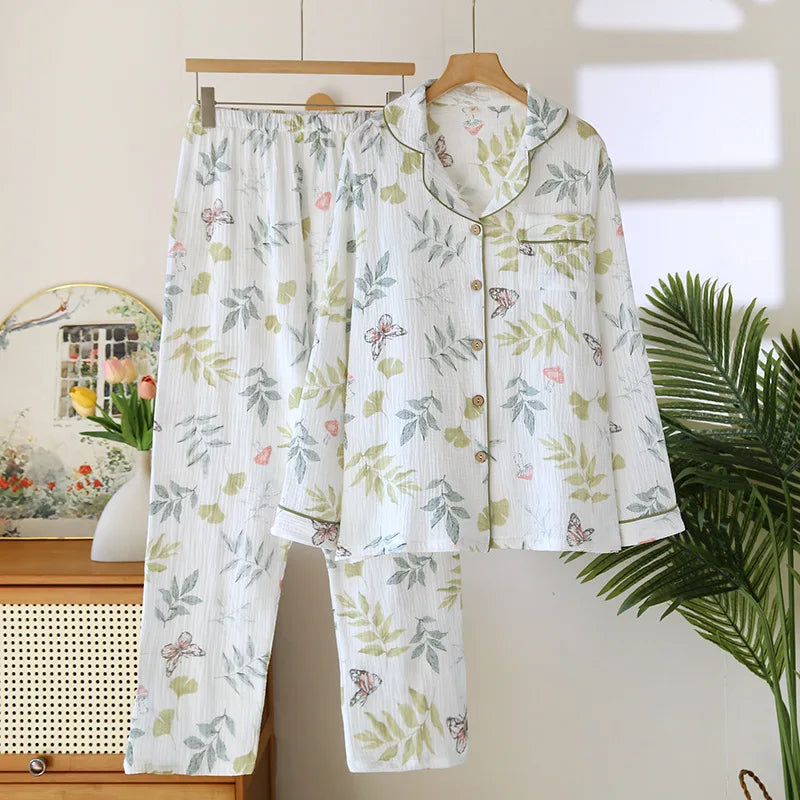 Women's Pajama SetCotton Crepe Cute Love Long Sleeve Long Pants.