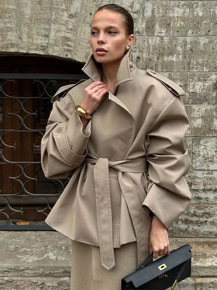 Casual Solid Lace Up Short Trench Coat Women Chic Long Sleeve.