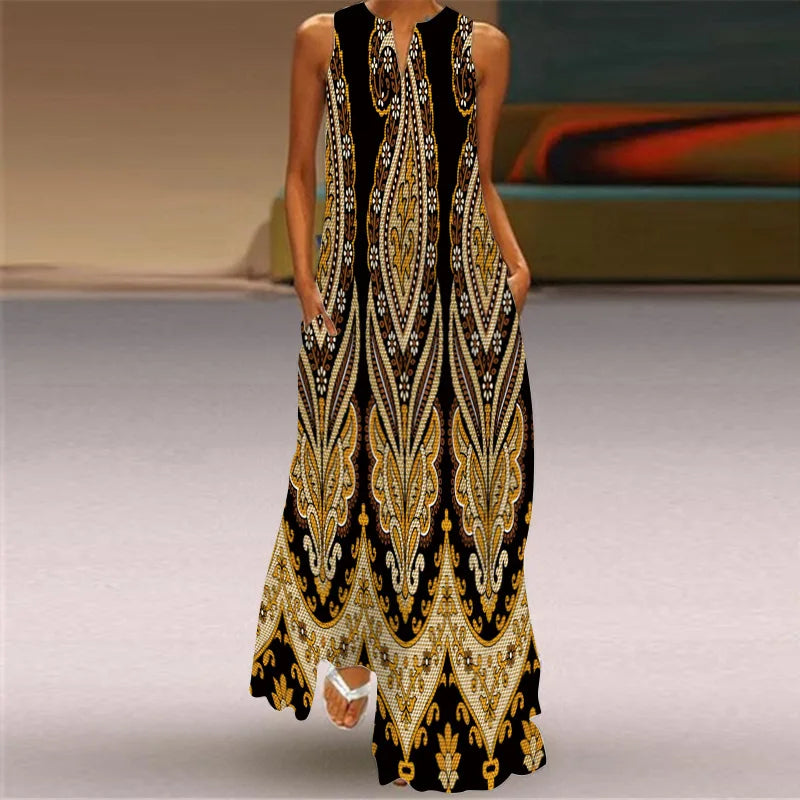 Vintage Print Maxi Dress For Women.