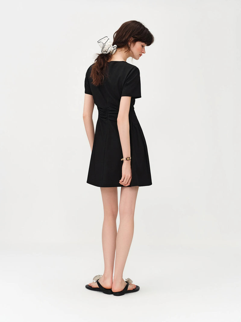 Women's Black Midi Dress, Crew Neck Short Sleeve Waist-Cinching.