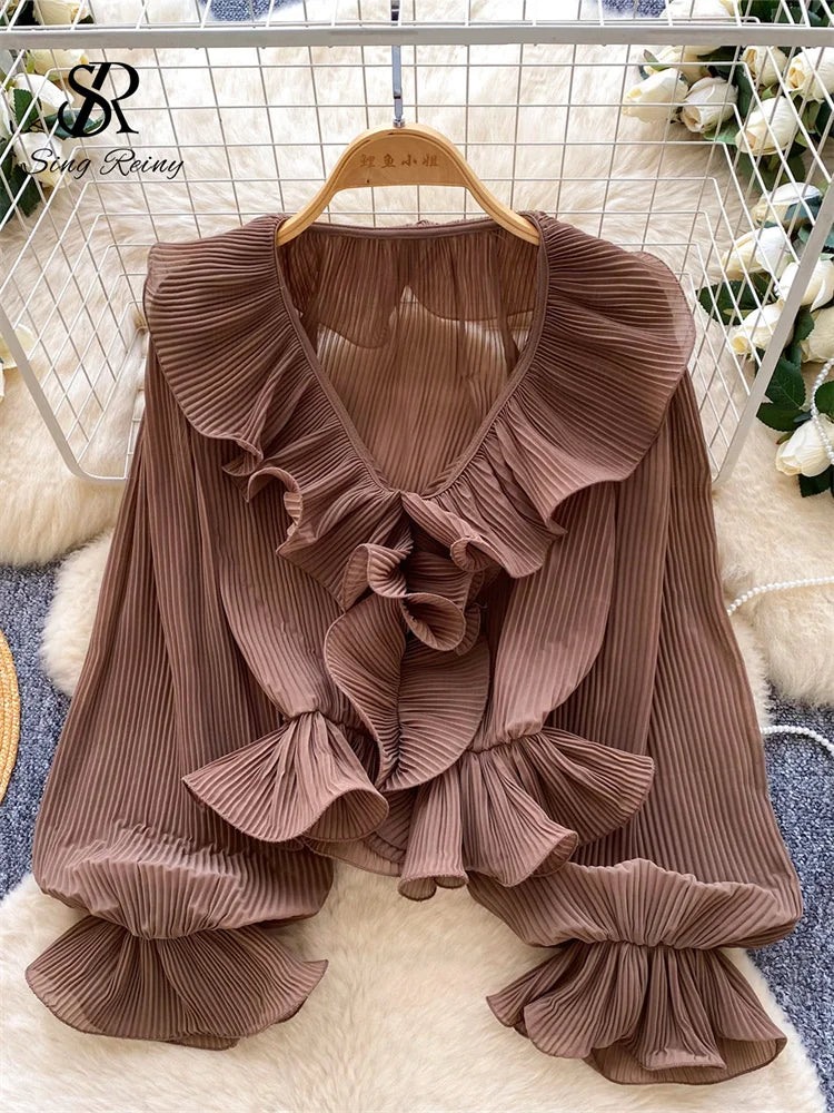 SINGREINY Ruffles Pleated Romantic Tops Thin Spring Summer V Neck.