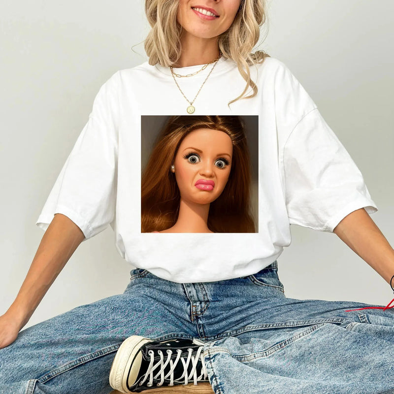 Women's Funny Doll Face Meme T-Shirt Unisex Cotton Streetwear.
