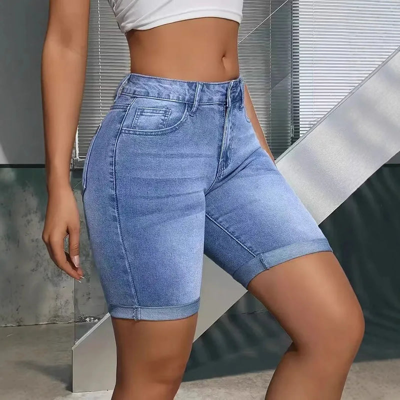 Bleached Jeans Shorts Denim Women Jean High Waist Spliced.