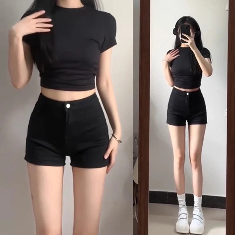 Black Hot Women's Casual Tights Pants Ultra-short High-waisted.