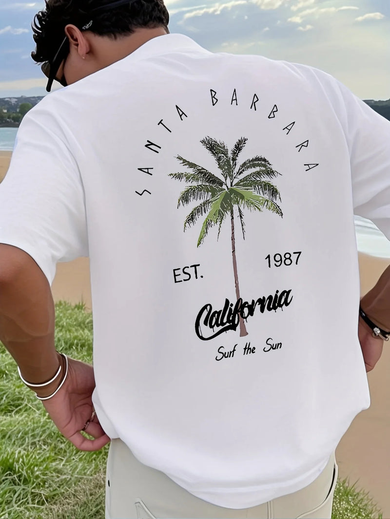 Men's Vacation Coconut Tree Letter Printed Comfortable Breathable Round Neck T-shirt.