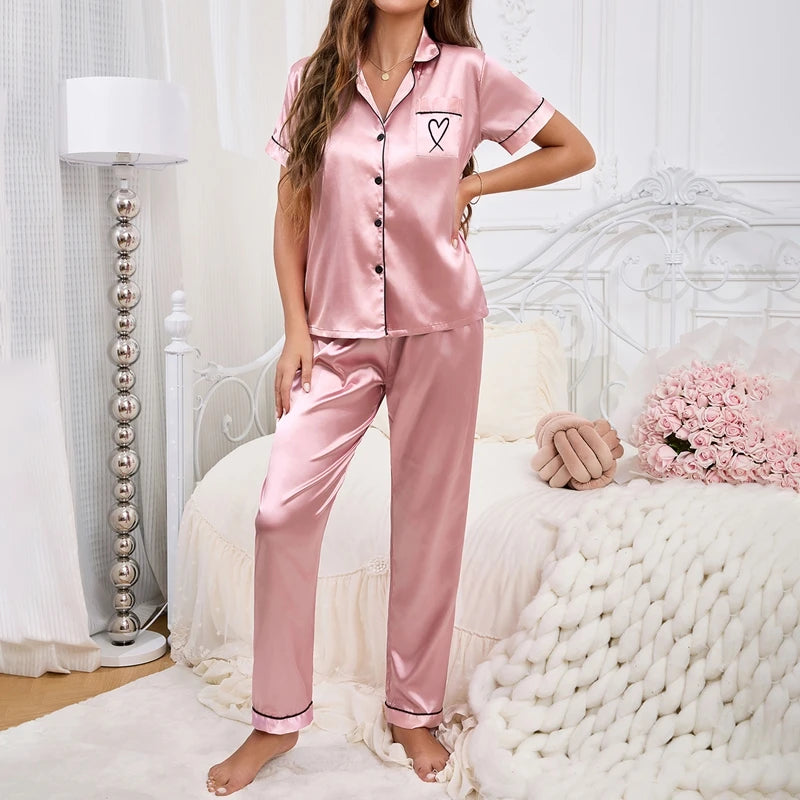 Women's Pajamas Sets Short Sleeve Buttons Top & Pants Sleepwear 2 Piece.