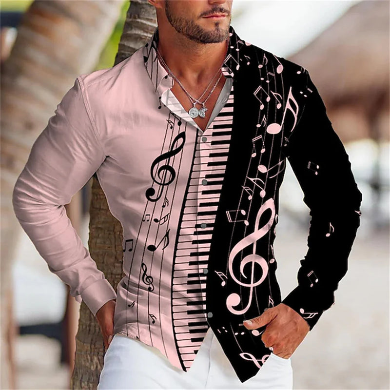 Summer Men's Long Sleeves Shirt with Musical Instrument Symbol Pattern Printed.