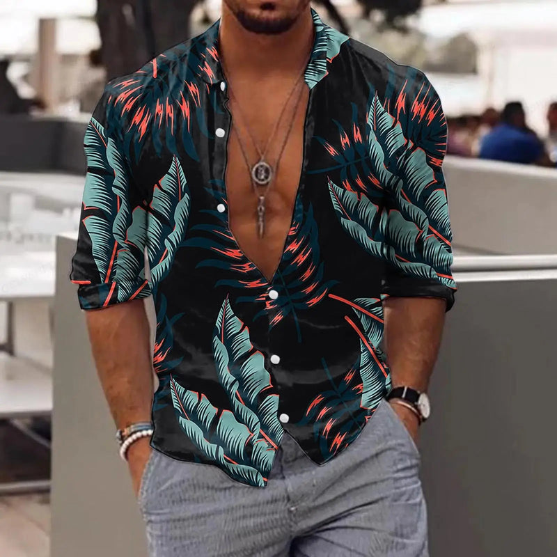 New Trend Men's Shirts Casual Floral Printed Lapel Button Long Sleeve.