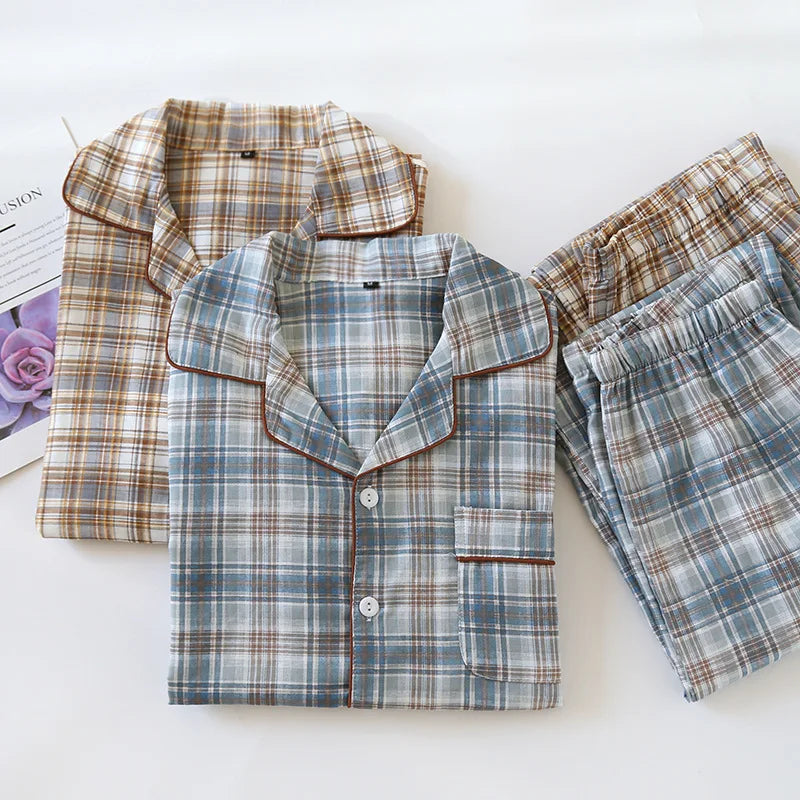 Men's Pajama Set Spring/Summer Checkered Simple Long sleeved Two Piece.