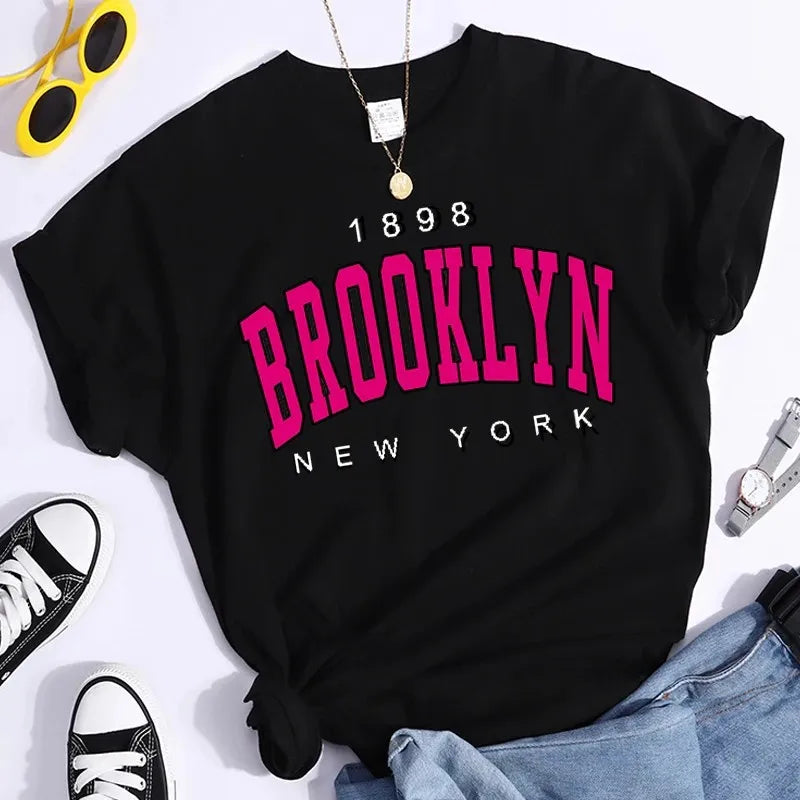 Summer Women T Shirt  Brooklyn New York Print Short Sleeve T-Shirts.