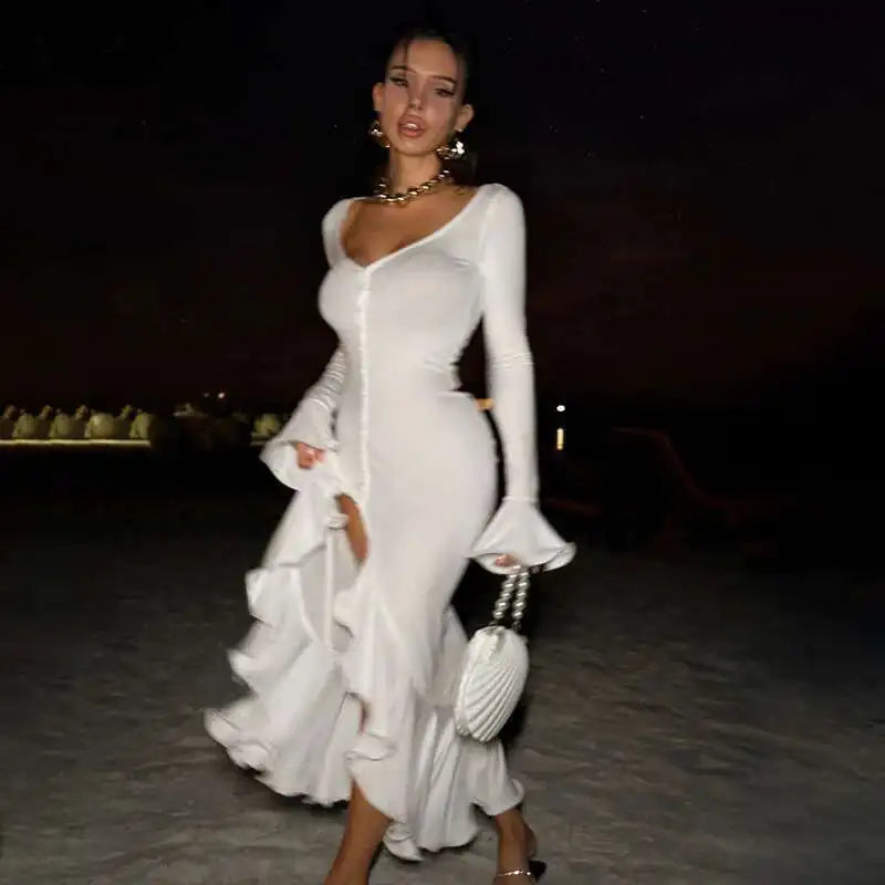 Women’s Mozision Flare Long Sleeve Ruffle Sexy Maxi Dress.