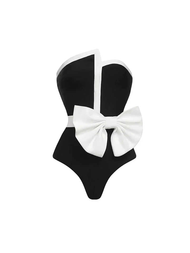 Black And White Contrast Color One Piece Swimsuit For Women.