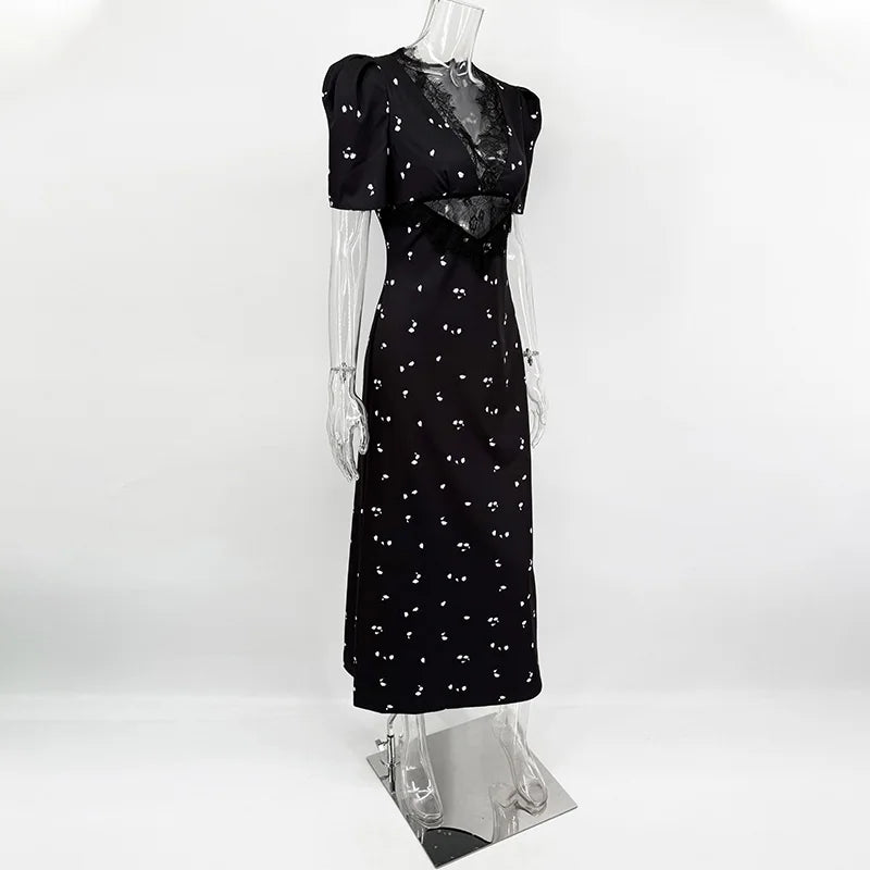 Sexy Hollow Lace Dress Women's Fashion Short Sleeve Elegant.