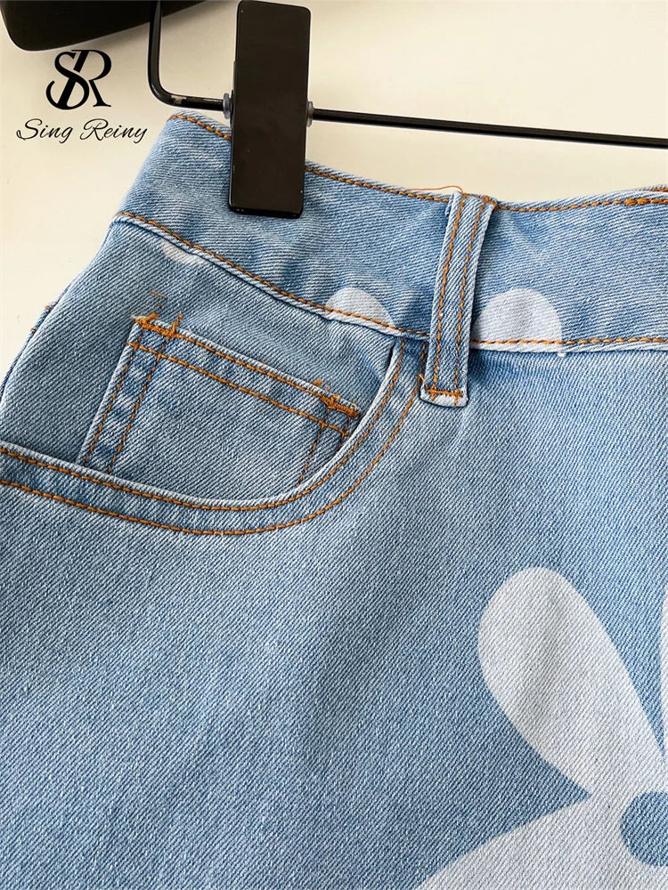 SINGREINY Print Denim Shorts Casual Korean Style High Waist Slim.