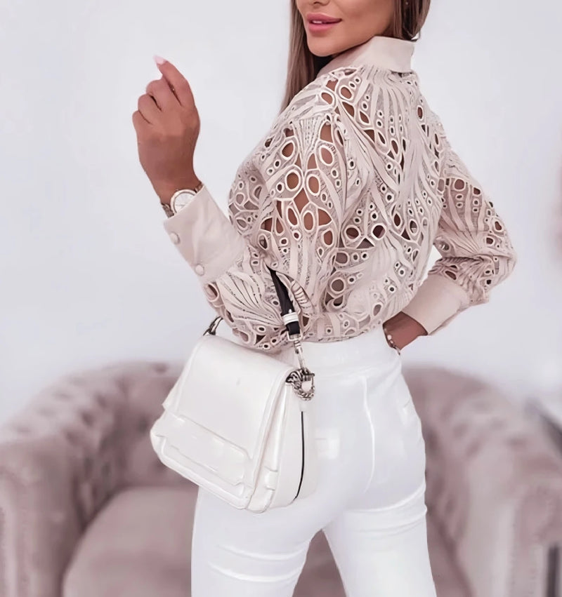 Women's Blouses Hollowed Out Long Sleeved Shirt Casual Solid Button Up.