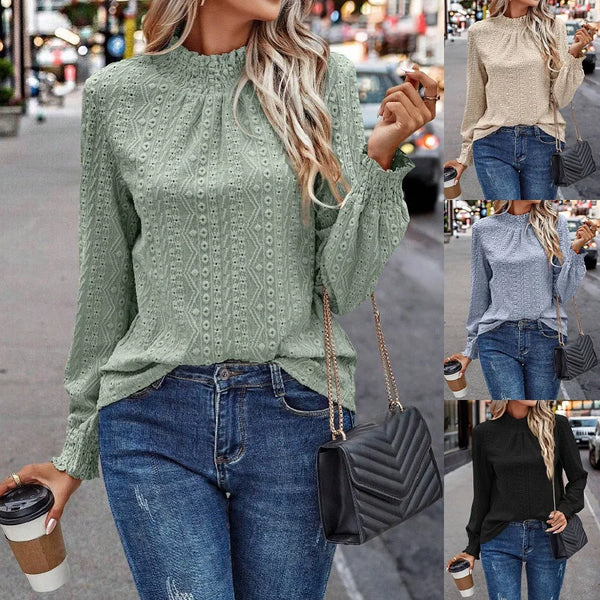 Woman Eyelet Embroidery Mock Neck Blouse Solid Colors Long Sleeve.