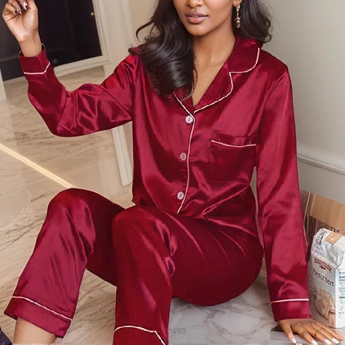 Plus Size Fall and Winter Silk Satin Women Pajamas Set Button down.