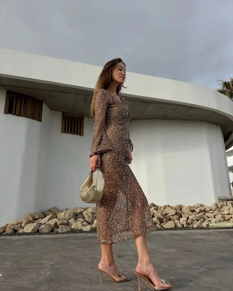 Women’s Spring Dress V-Neck Hollow Out Mid Waist Long Sleeve.