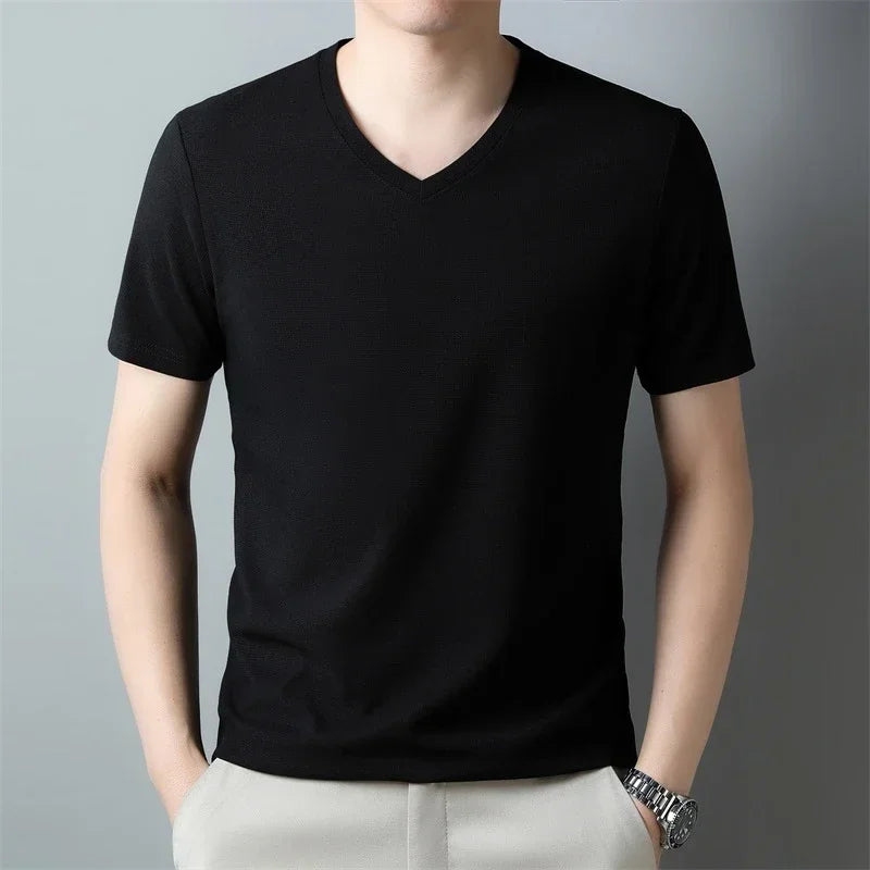 Men's New Waffle V Neck Short Sleeved T-shirt Summer Comfortable Top.