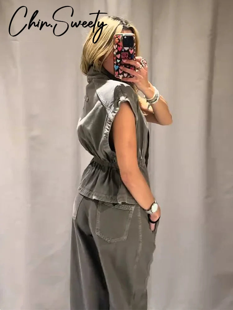Casual Denim Vest Long Pant Set Women Sleeveless High Collar Button Tops.