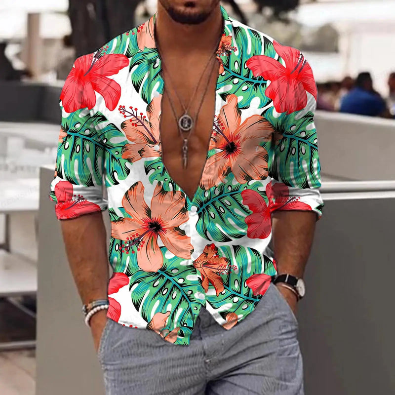 New Trend Men's Shirts Casual Floral Printed Lapel Button Long Sleeve.
