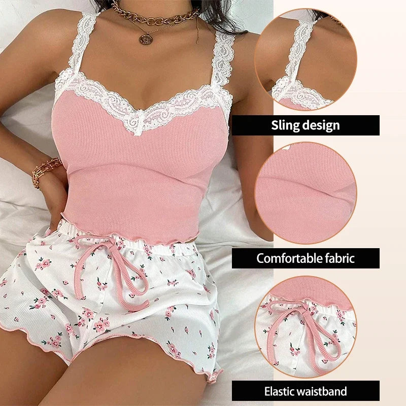 Women's Pyjamas Two-Piece Summer Ribbed Knitted Flower Print.