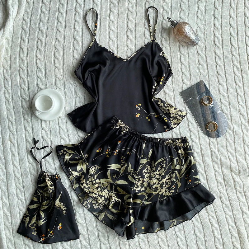 Women’s Elegant Floral Print Cami Tops Ruffle Hem Shorts Pajama Set.