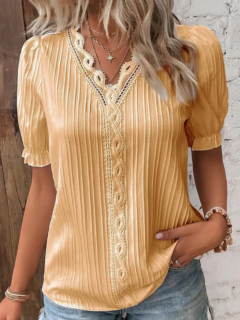 Elegant Women Blouse Shirt V Neck Lace Patchwork Short Sleeve Shirts.
