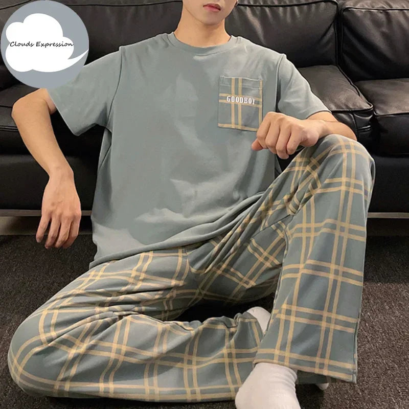 Summer Knitted Plaid Cool Mens Pyjamas Pajamas Casual Pjs Lounge Sets.