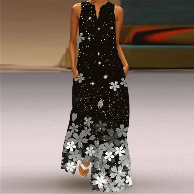 3D Floral Printed Dress Summer Vintage V-neck Sleeveless Loose Maxi Dress Elegant.