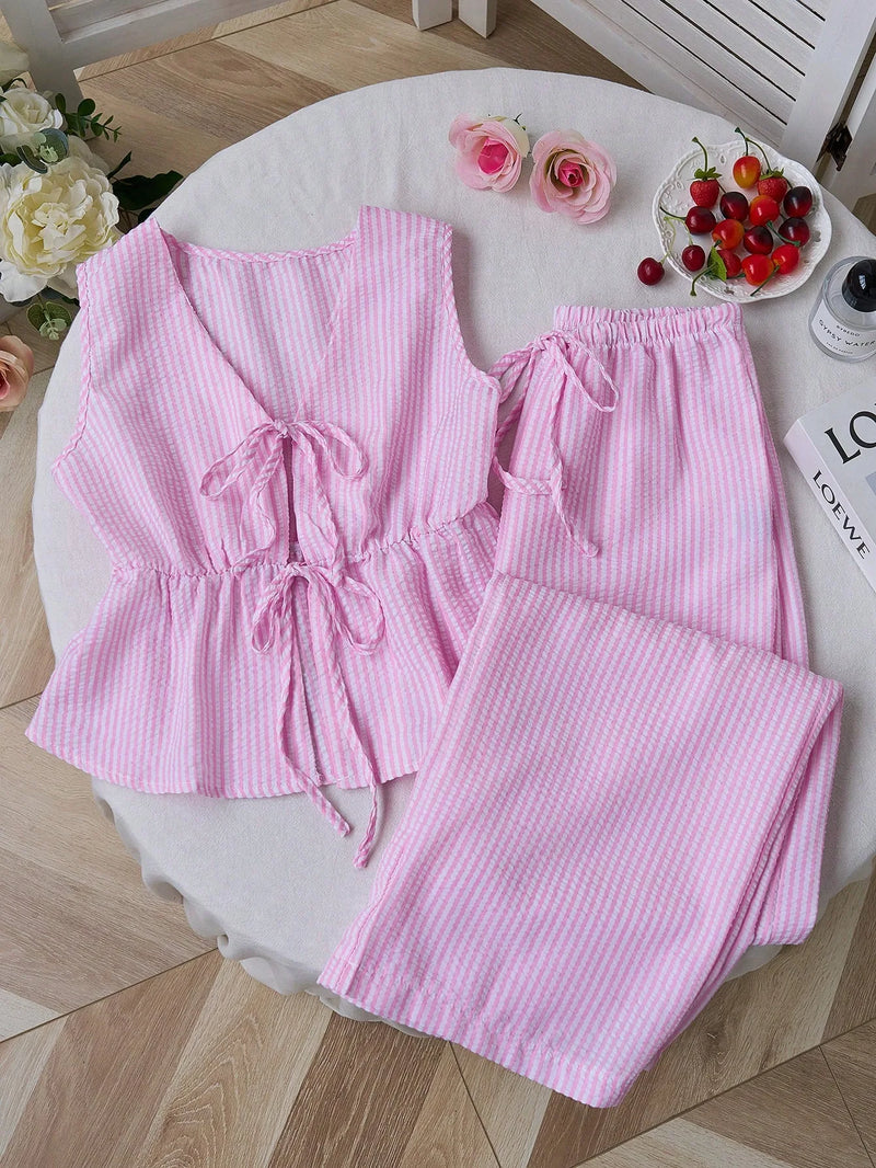 Summer Two Piece Set Women Striped V Neck Lace Up Sleeveless Blouse High Waist Wide Leg Pants.