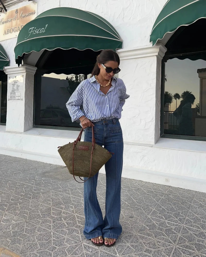 Women's spring new Europe-American fashion striped long sleeve lapel loose.