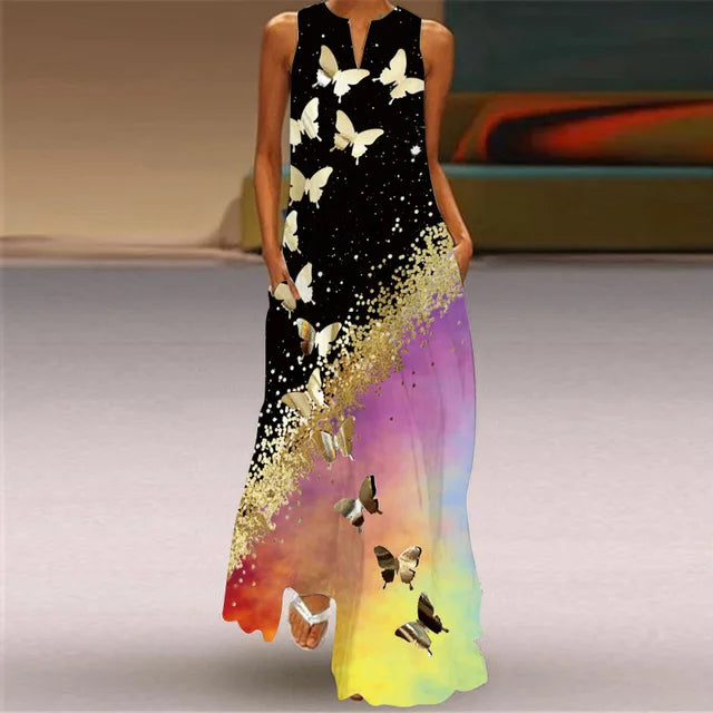 3D Floral Printed Dress Summer Vintage V-neck Sleeveless Loose Maxi Dress Elegant.