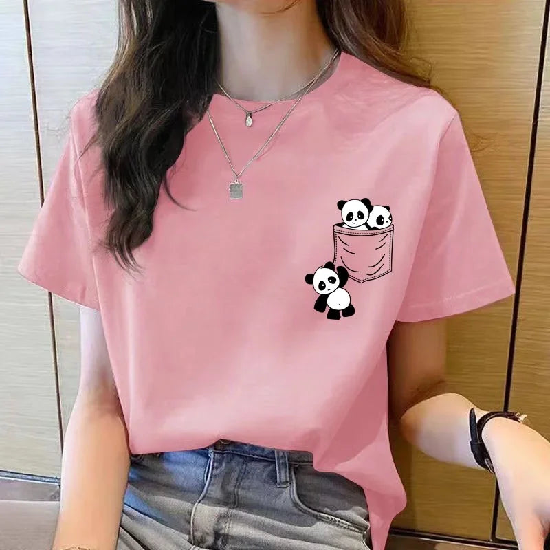 Women Short Sleeve Top Summer New Pocket Panda Cartoon Printed T-shirt.
