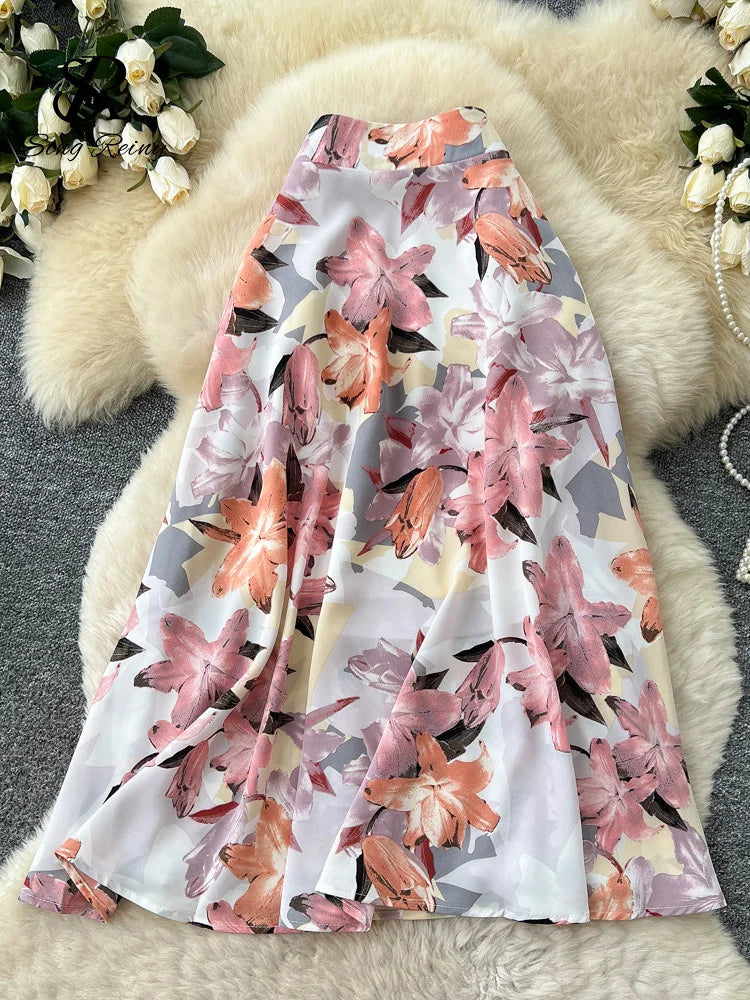 Summer Floral Romantic Skirt Spring High Waist Loose French Style Versatile Women.
