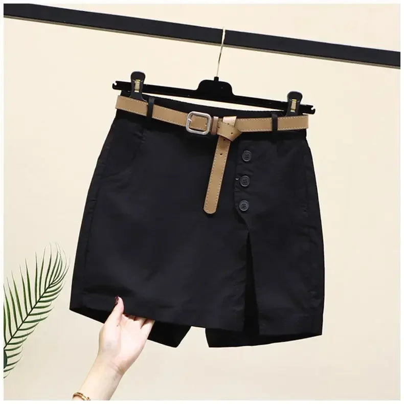 Solid Shorts Women Korean Fashion High Waist Side-slit Button Designed Chic.