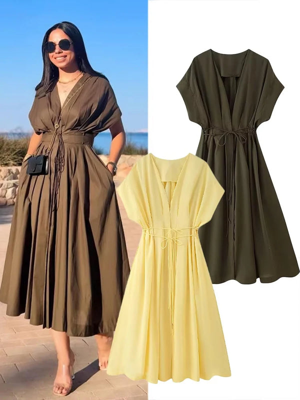 Women's New Fashion V-neck Pleated Down Shoulder Short Sleeve Midi Dress.