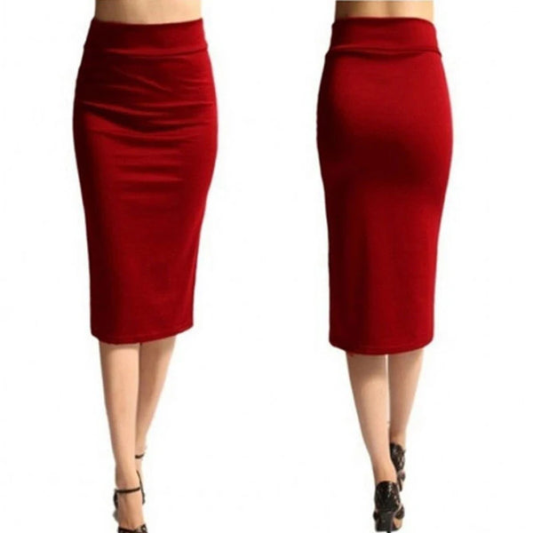 Women Pencil Skirt High Waist Mid-Calf Female Jersey Skirts.