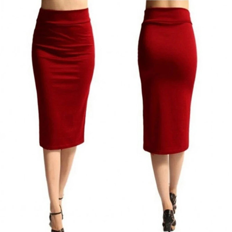 Women Pencil Skirt High Waist Mid-Calf Female Jersey Skirts.