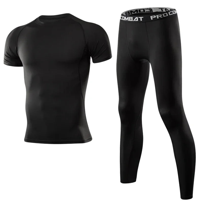 Men Sports Running Set Compression Shirt + Pants Skin-Tight Long Sleeves.