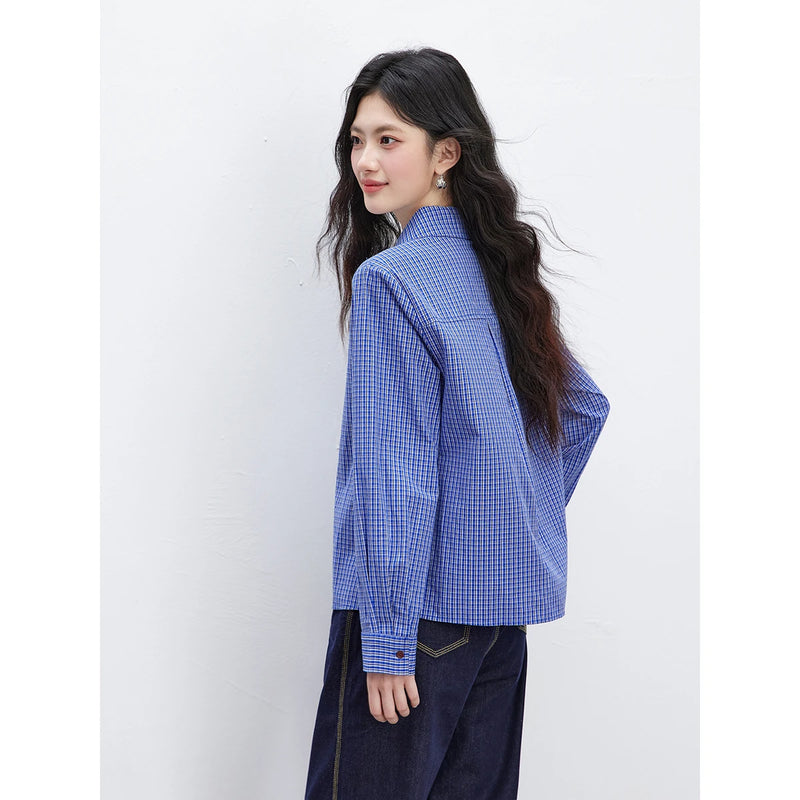 VIMLY Women's Plaid Shirt Spring New Ruffle Lapel Collar Contrast Button.