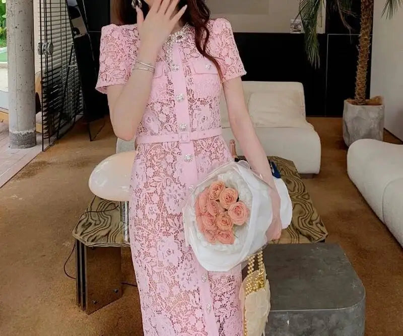 Women’s Lace Midi Dress Diamonds Bow Pink Floral Crystal Short Sleeve.