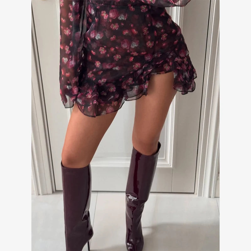 Lady Sexy Flora Painted Ruffle Slim Dress Women Chic.