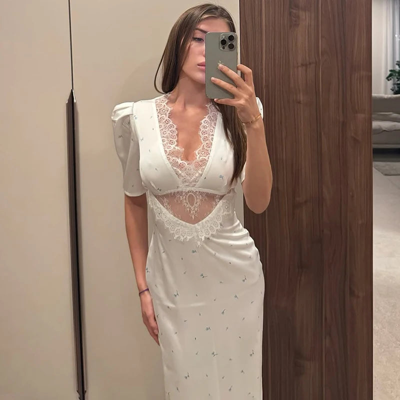Sexy Hollow Lace Dress Women's Fashion Short Sleeve Elegant.