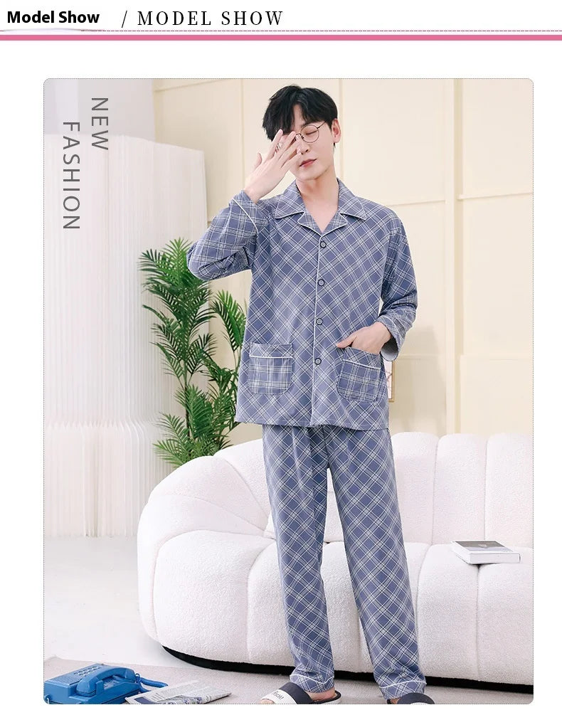 Men's Pajamas Spring Fall and Winter Plaid Printed Long-Sleeved.