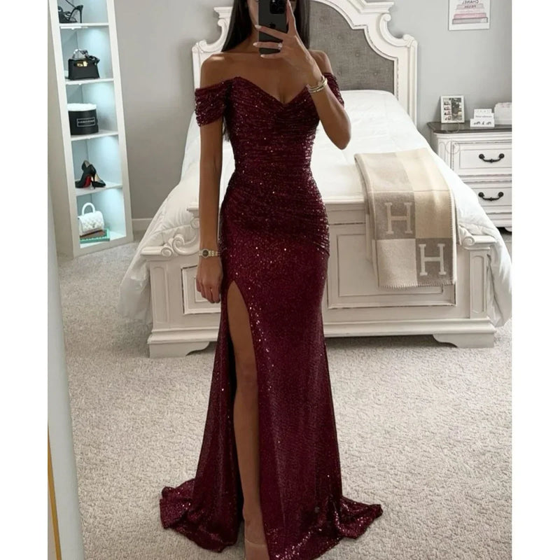 New Party Sequins One line Neck Split Dress INS Casual Versatile Fashionable Charming Slimming Dress.