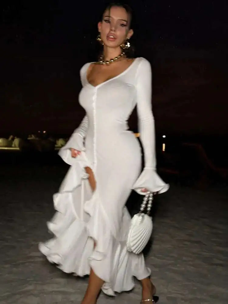 Women’s Mozision Flare Long Sleeve Ruffle Sexy Maxi Dress.