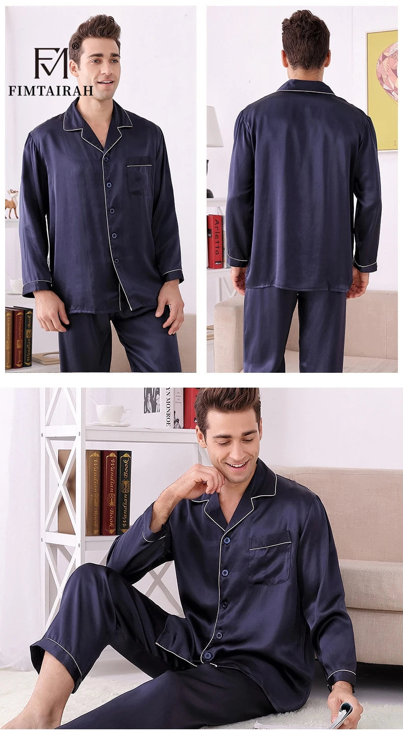 Men's Two Sets Sleepwear Summer Soft Long Sleeve  Home Wear  Mulberry Silk Pijimas.