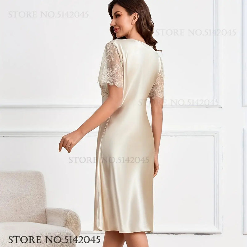 Women Nightgown Sleepwear Elegant V-Neck Lace Short Sleeve Nightdress.
