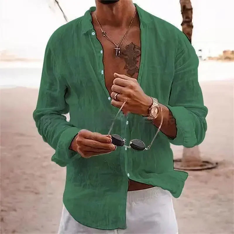 Men's Cotton Linen Shirts Top Simple Laple Solid  Man Shirts Tops Comfortable.
